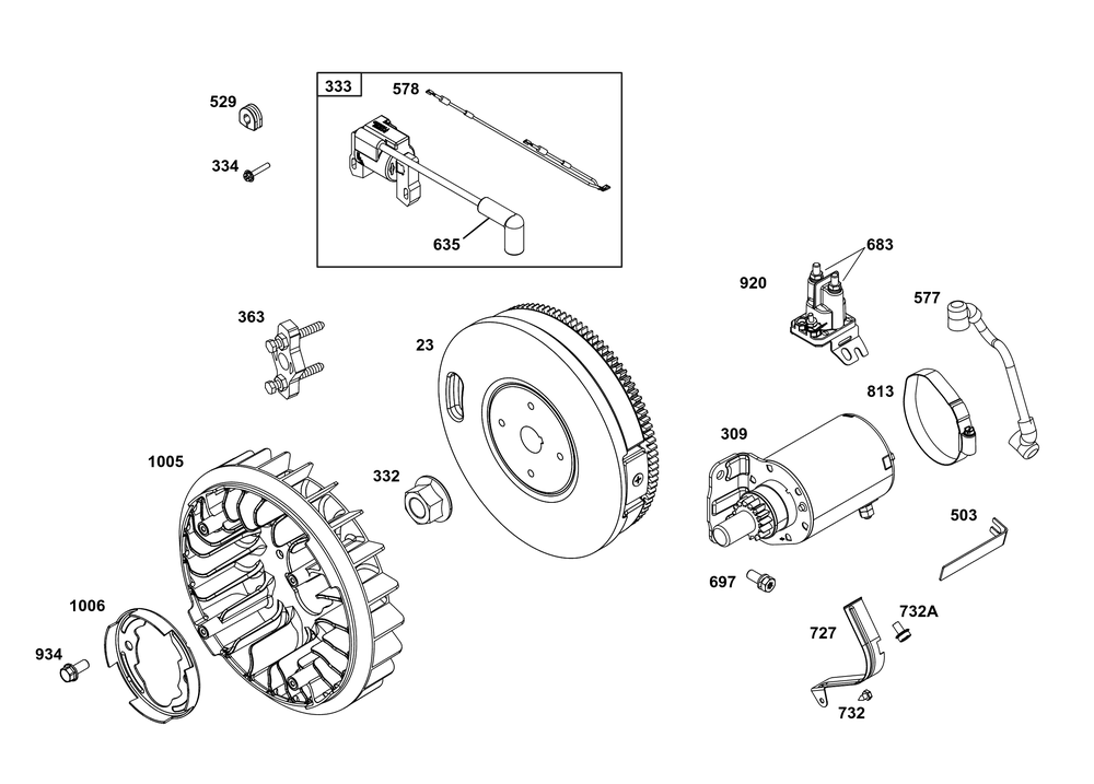 Flywheel, Ignition, And Starter Group Diagram and Parts List for 356447-0648-G1 200000 - 399999 Briggs and Stratton Engine